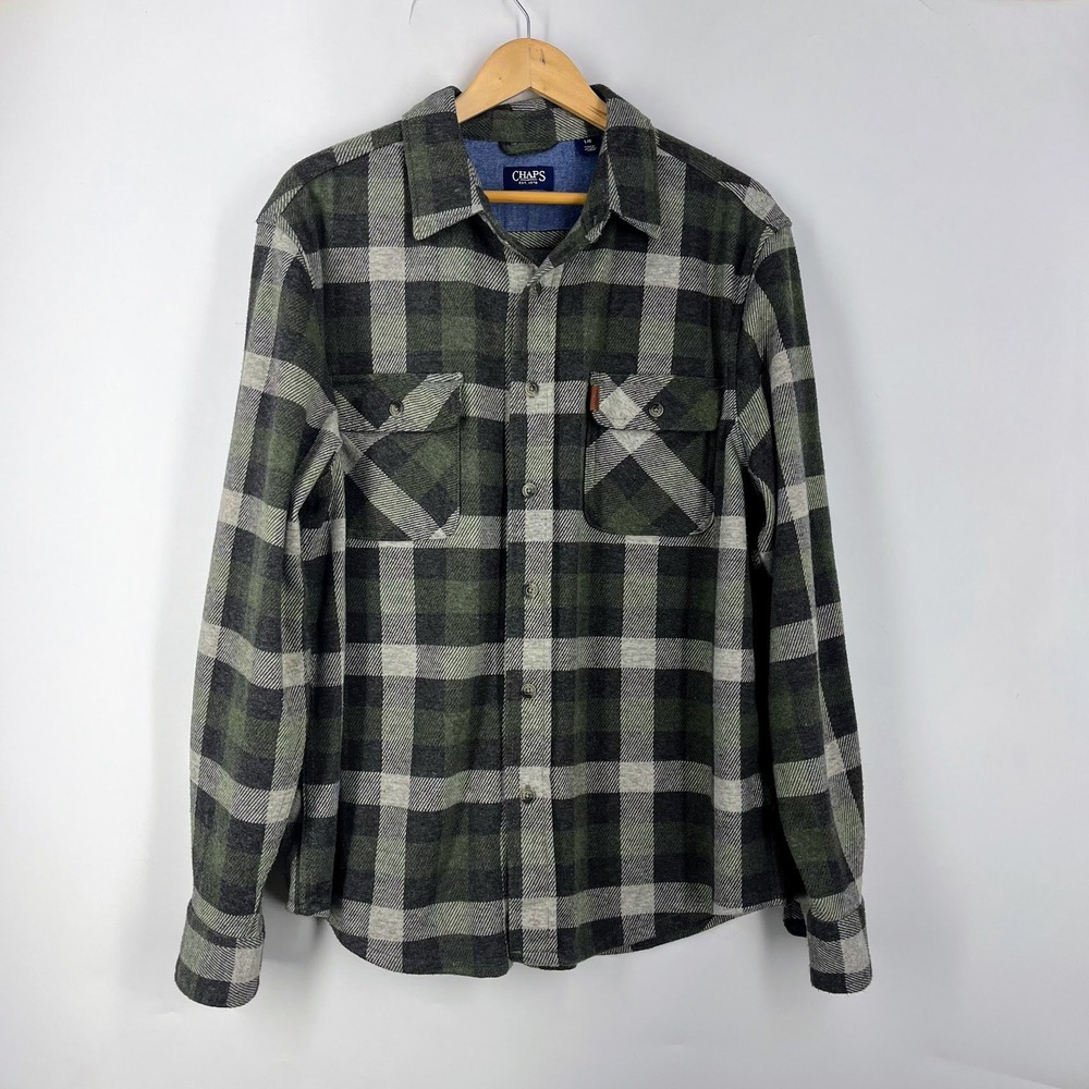 Chaps Mens Green Grey Buffalo Plaid Flannel Button Down Shirt Large L/G Long Slv